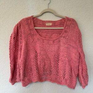 Boho Cottagecore Hand-Knit Pink Openwork Scoop Neck Women's Sweater